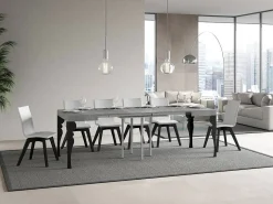 Mesa extensible cuadrada pequeña 90x90/246 cm estilo oriental Torza-Color Gris cemento-3 alargaderas finas