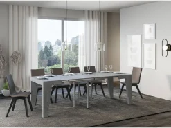 Mesa extensible cuadrada pequeña 90x90/246 cm Naxo-Color Gris cemento-Soporte 4 pies-3 alargaderas finas