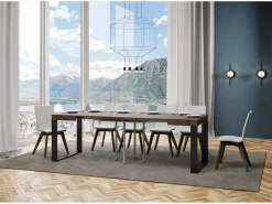 Mesa extensible cuadrada pequeña 90x90/246 cm Tiroz-Color Blanco-Soporte 2 pies-3 alargaderas finas