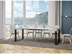 Mesa extensible cuadrada pequeña 90x90/246 cm Tiroz-Color Blanco-Soporte 2 pies-3 alargaderas finas