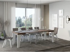 Mesa extensible cuadrada pequeña en madera blanca y nogal de 90 a 246 cm Nako-Soporte 2 pies