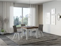 Mesa extensible cuadrada pequeña en madera blanca y nogal de 90 a 246 cm Nako-Soporte 2 pies