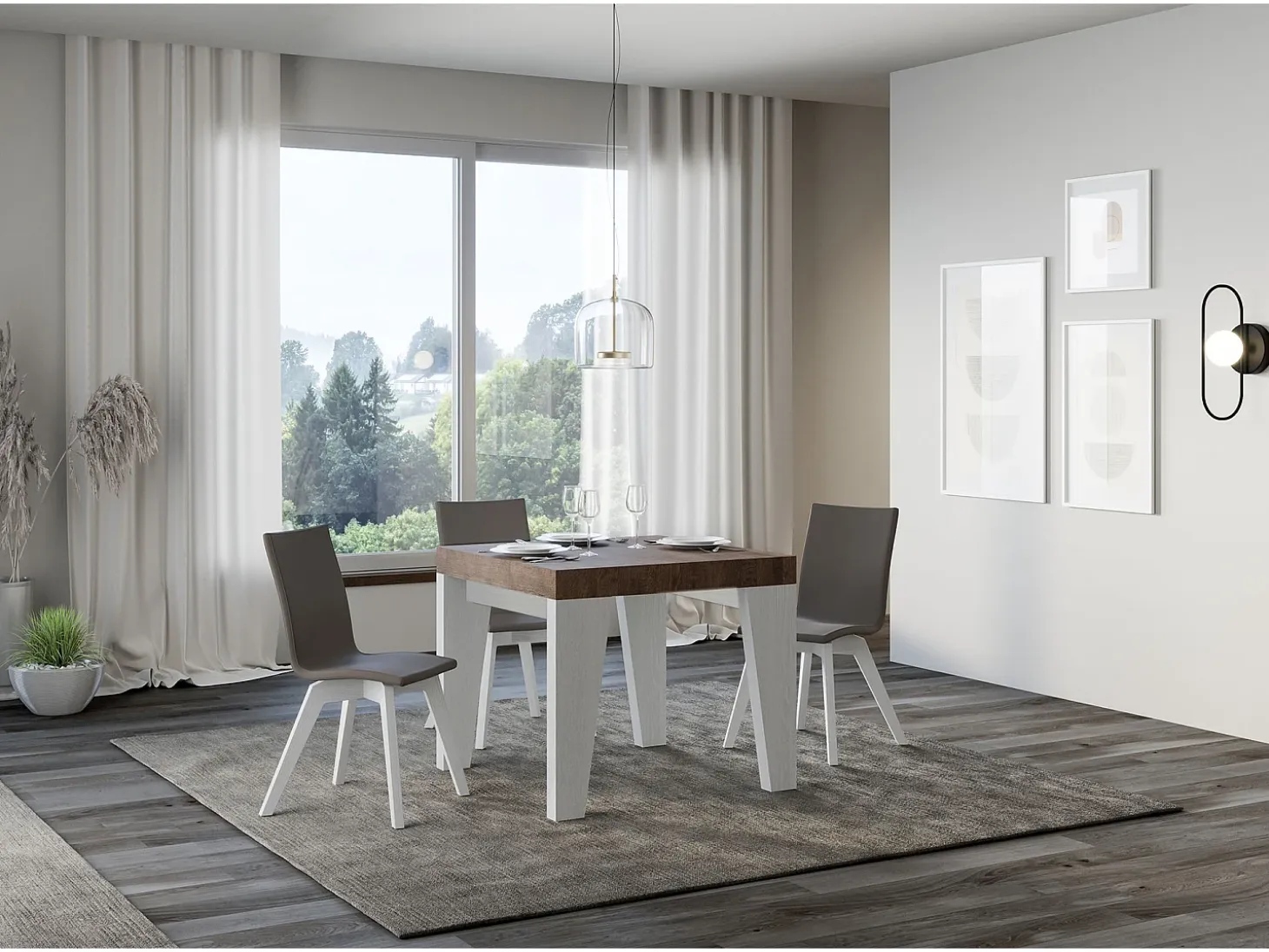 Mesa extensible cuadrada pequeña en madera blanca y nogal de 90 a 246 cm Nako-Soporte 2 pies