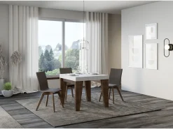 Mesa extensible cuadrada pequeña en madera blanca y nogal de 90 a 246 cm Naxo-Base y soporte con ruedas