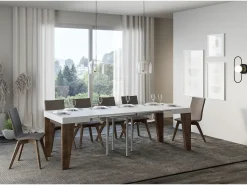 Mesa extensible cuadrada pequeña en madera blanca y nogal de 90 a 246 cm Naxo-Base y soporte con ruedas