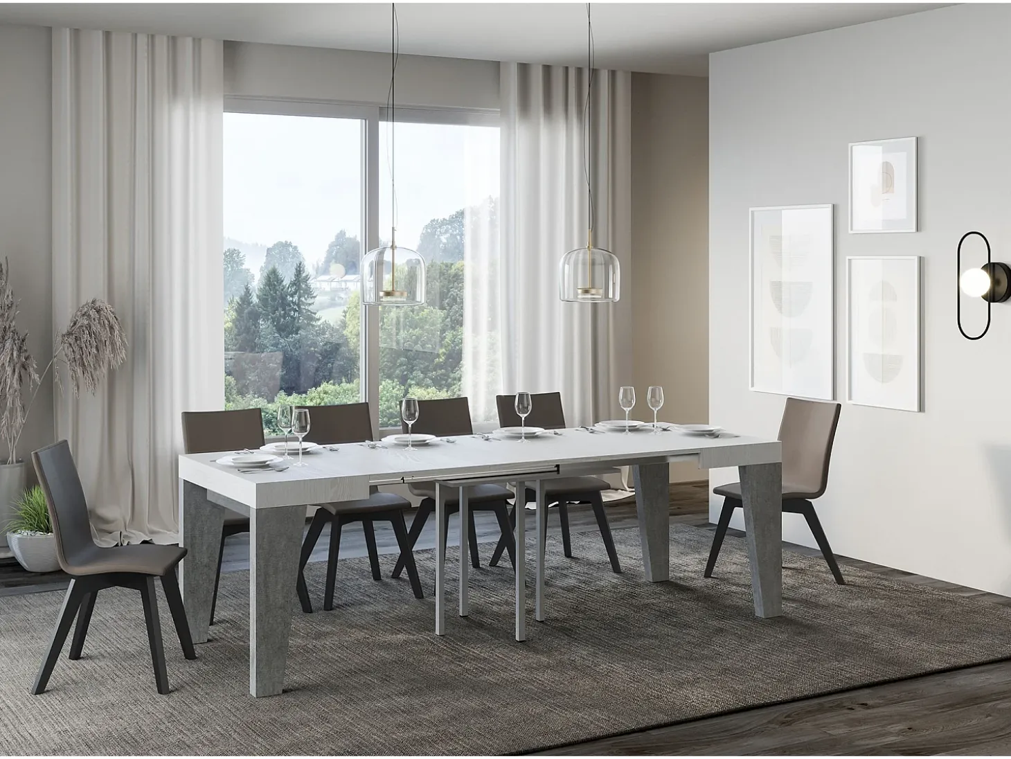 Mesa extensible cuadrada pequeña de madera blanca y gris de 90 a 246 cm Naxo-Soporte 2 pies