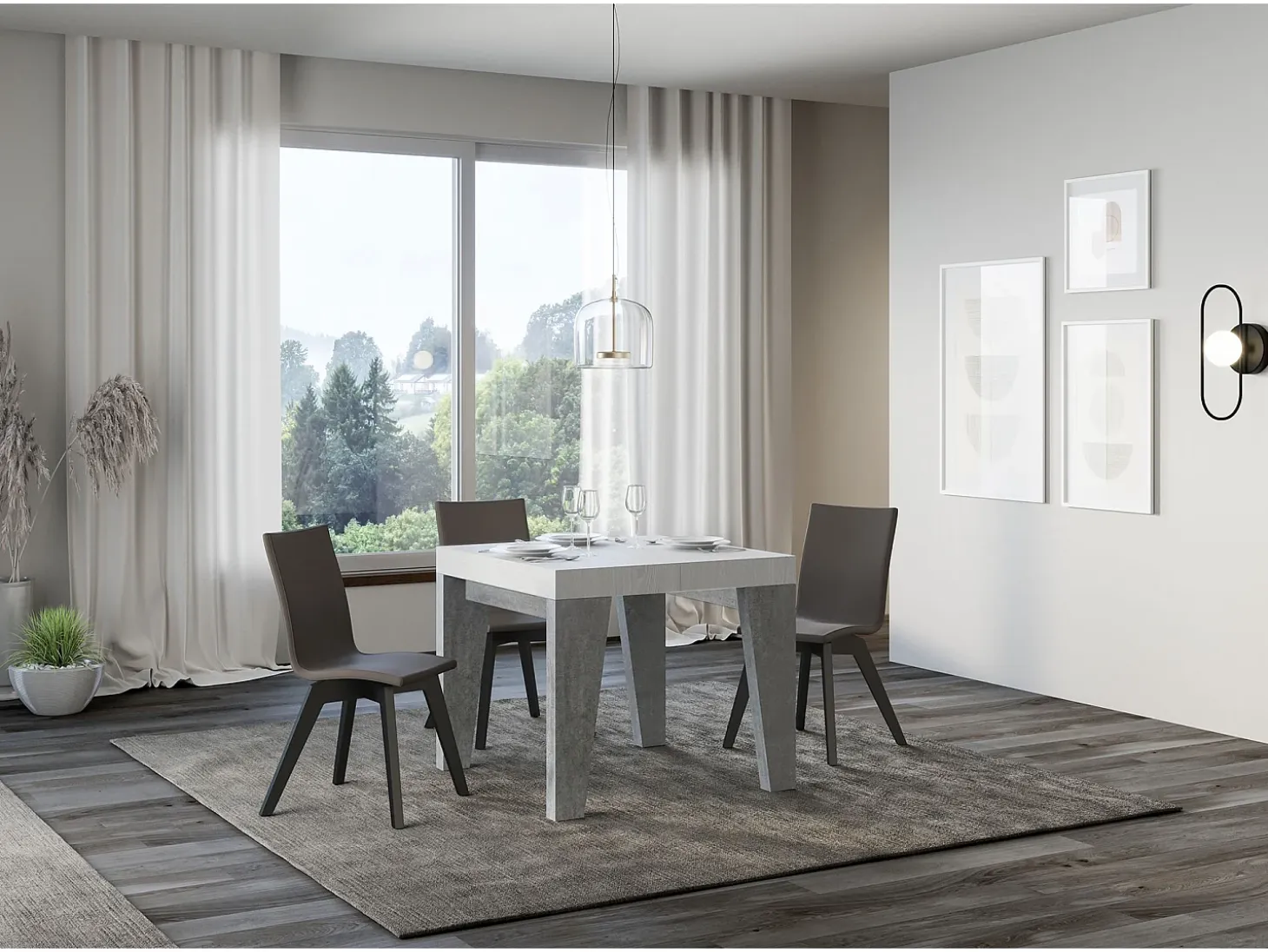 Mesa extensible cuadrada pequeña de madera blanca y gris de 90 a 246 cm Naxo-Soporte 2 pies