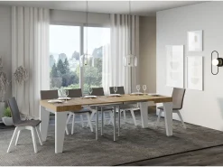 Mesa extensible cuadrada pequeña en madera blanca y roble natural de 90 a 246 cm Nako-Soporte 4 pies