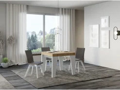 Mesa extensible cuadrada pequeña en madera blanca y roble natural de 90 a 246 cm Nako-Soporte 4 pies