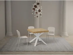 Mesa extensible cuadrada pequeña 90x90/194 cm patas acero blanco Karzy-Color Natural