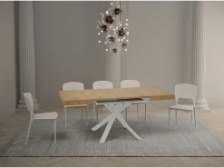 Mesa extensible cuadrada pequeña 90x90/194 cm patas acero blanco Karzy-Color Natural