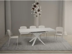 Mesa extensible cuadrada pequeña 90x90/194 cm patas acero blanco Karzy-Color Natural