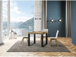 Mesa extensible cuadrada pequeña 90x90/246 cm Tiroz-Color Natural-Soporte 4 pies-3 alargaderas finas