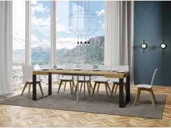 Mesa extensible cuadrada pequeña 90x90/246 cm Tiroz-Color Natural-Soporte 4 pies-3 alargaderas finas