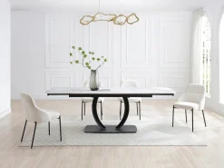 Mesa extensible de comedor en cerámica y metal negro - Efecto mármol blanco - OLIFIA