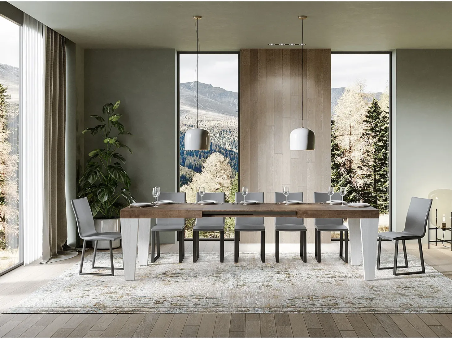 Mesa extensible de madera de nogal y patas de madera blanca de 6 a 12 personas Kristo L 180 a 284 cm-Soporte 2 pies
