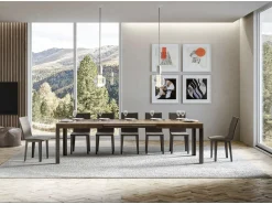 Mesa extensible de madera con 4 patas de madera y acero antracita Liva-Color Natural-Base y soporte con ruedas-Ancho extensible