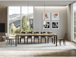 Mesa extensible de madera con 4 patas de madera y acero antracita Liva-Color Natural-Base y soporte con ruedas-Ancho extensible