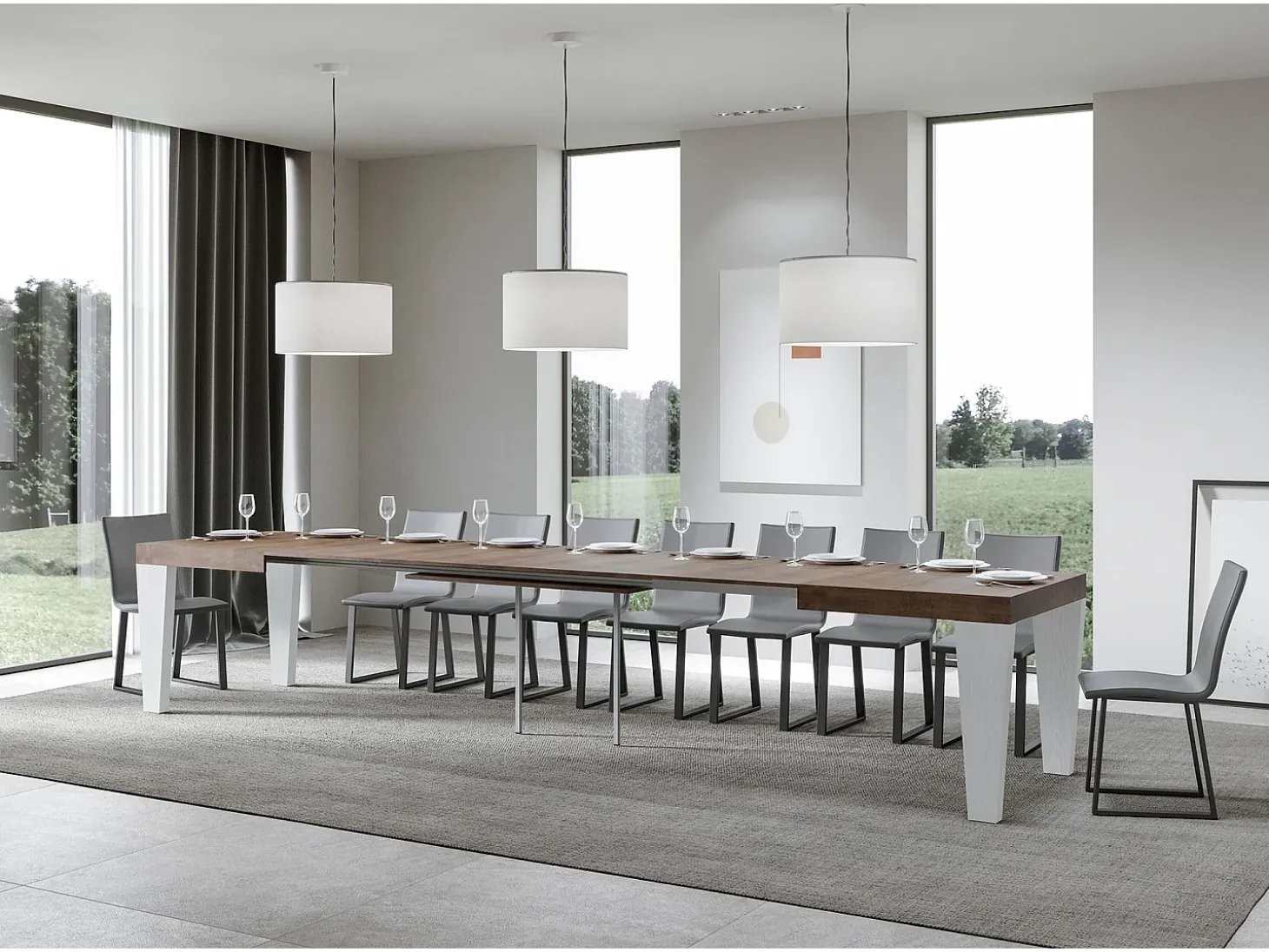 Mesa extensible de madera de nogal y patas de madera blanca de 6 a 20 plazas Kristo de 160 a 420 cm-Soporte 2 pies