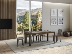 Mesa extensible de madera con 4 patas de madera y acero antracita Liva-Color Blanco-Base y soporte con ruedas-Ancho extensible