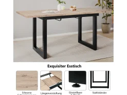 Mesa extensible industrial, MDF y metal, 140/180x80x75 cm, diseño moderno, color negro y madera natural (L140/180xP80xH75cm)