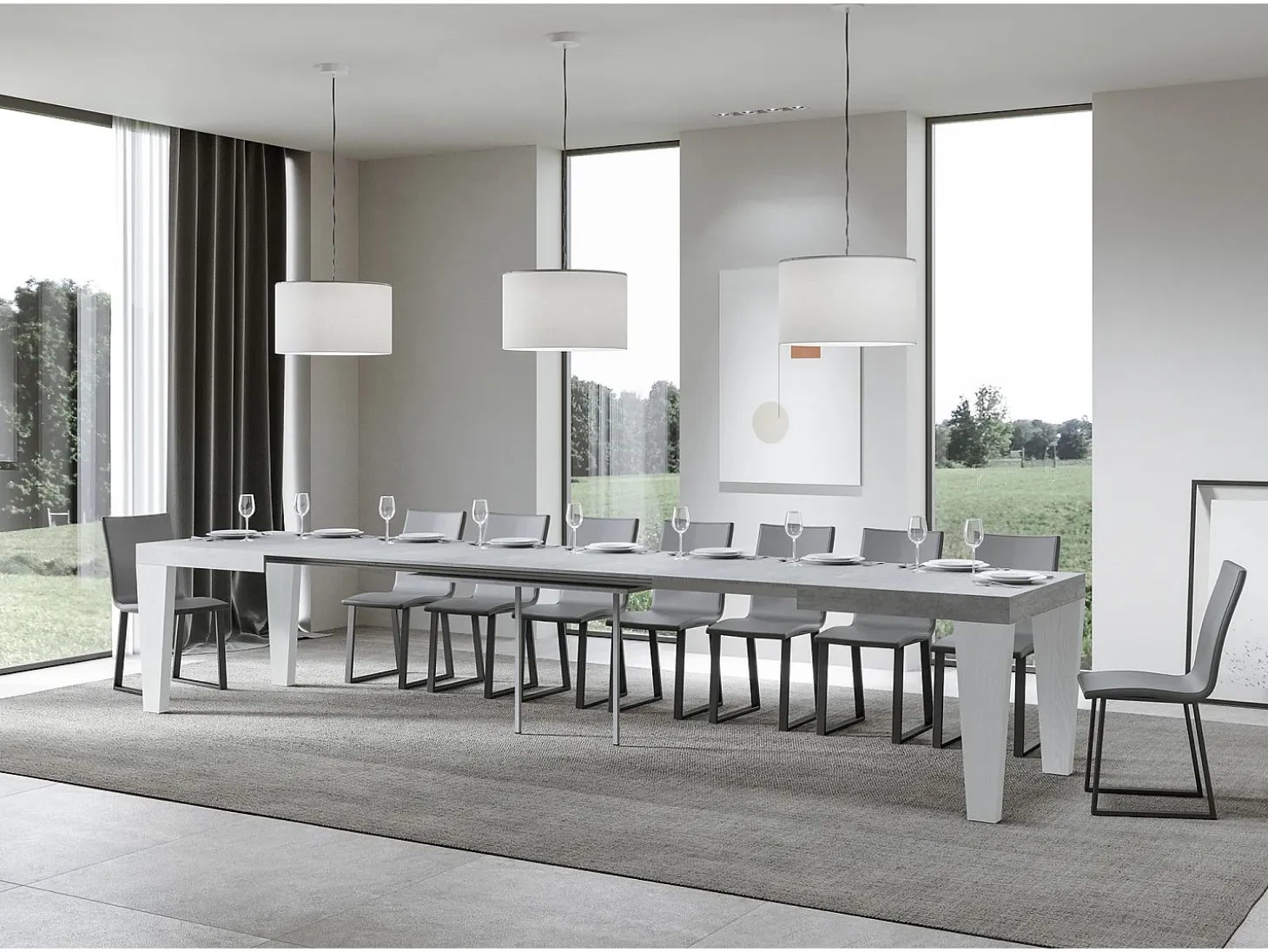 Mesa extensible madera gris hormigón y patas madera blanca 6 a 20 plazas Kristo 160 a 420 cm-Soporte 2 pies