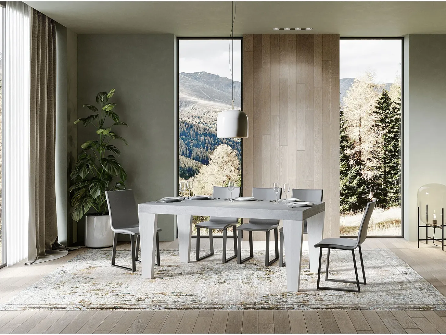 Mesa extensible madera gris hormigón y patas madera blanca 6 a 20 plazas Kristo 160 a 420 cm-Soporte 2 pies