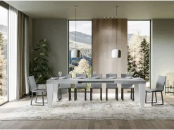 Mesa extensible madera gris hormigón y patas madera blanca 6 a 20 plazas Kristo 160 a 420 cm-Soporte 2 pies