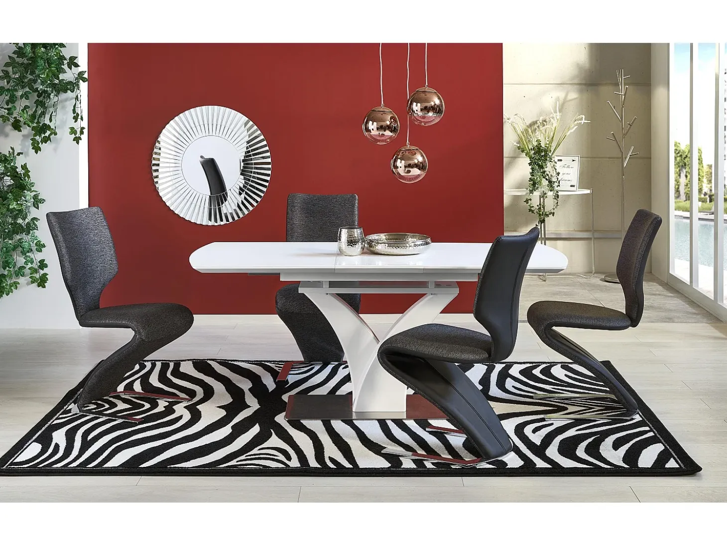 Mesa extensible rectangular blanca mate con pata central, diseño Sparte