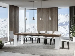 Mesa extensible rectangular en madera de nogal y blanco de 180 a 440 cm Ribo-Base y soporte con ruedas