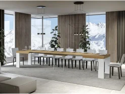 Mesa extensible rectangular en madera natural y blanca de 160 a 420 cm Ribo-Base y soporte con ruedas