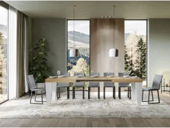 Mesa extensible roble natural y patas madera blanca 6 a 20 plazas Kristo 160 a 420 cm-Soporte 4 pies