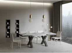Mesa extensible Tsara de 6 a 10 plazas L 120 a 224 cm con efecto mármol blanco y estructura de metal gris oscuro