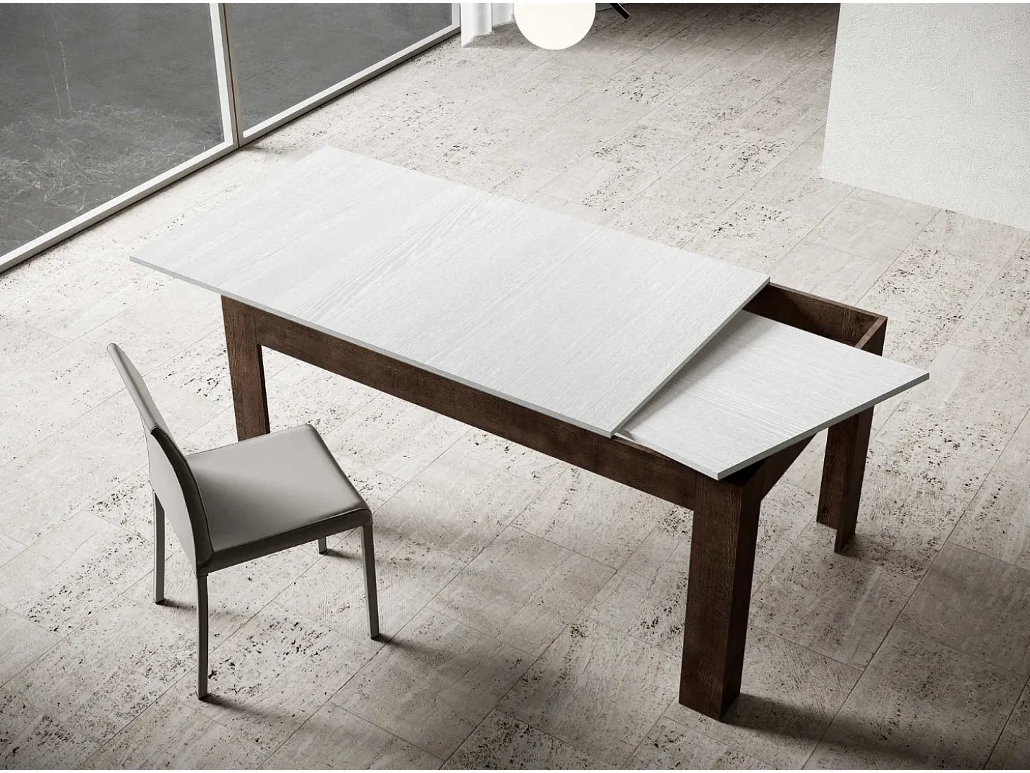 Mesa extensible 90x160/220 cm Bibi Mix tapa Fresno Blanco patas Nogal