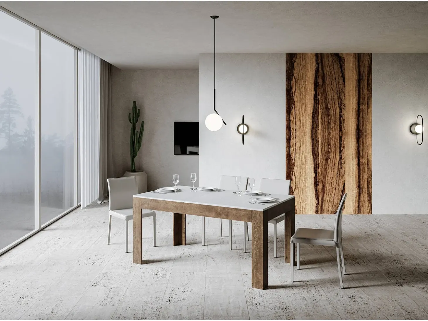 Mesa extensible 90x160/220 cm Bibi Mix tapa Fresno Blanco patas Nogal