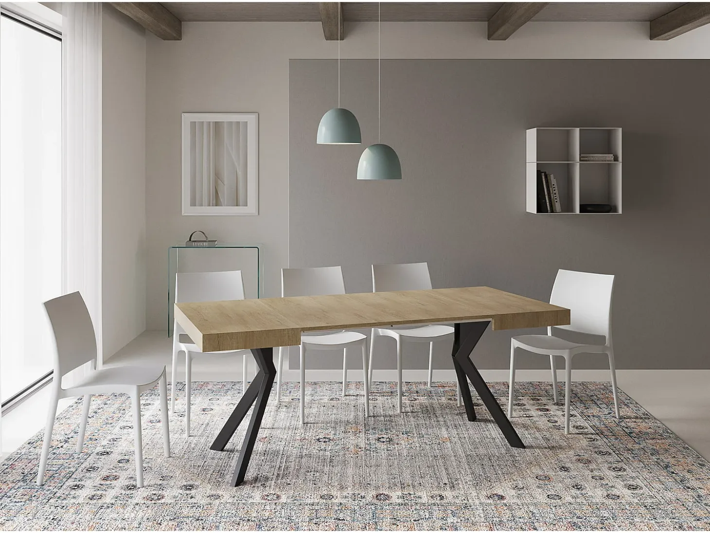 Mesa extensible 90/194x90 cm Dolcezza efecto madera roble natural patas antracita