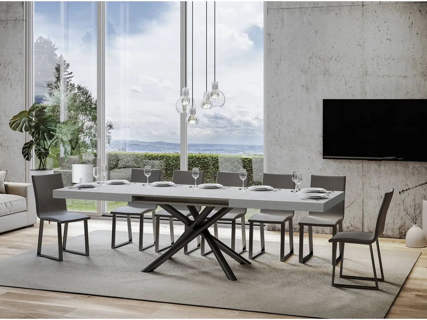 Mesa extensible 90x160/420 cm Famas Fresno Blanco estructura Antracita