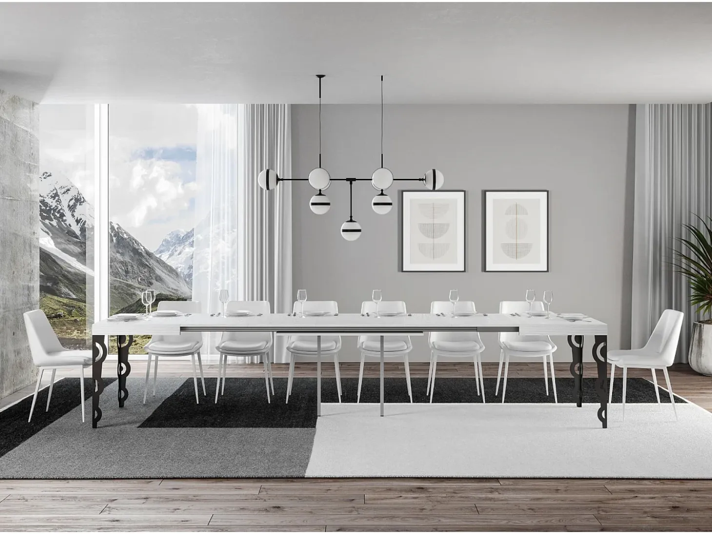 Mesa extensible 200/460x90 cm Karamay fresno blanco patas antracita