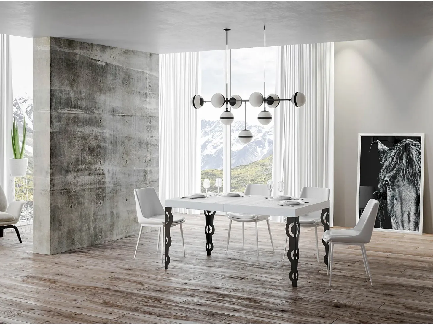 Mesa extensible 90x140/400 cm Karamay Fresno Blanco estructura Antracita
