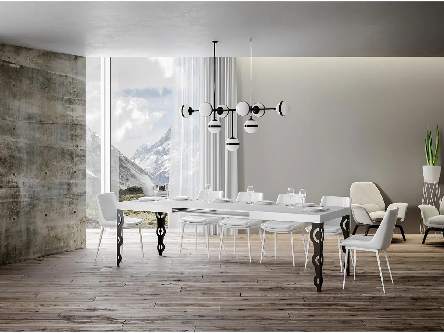 Mesa extensible 90x140/400 cm Karamay Fresno Blanco estructura Antracita