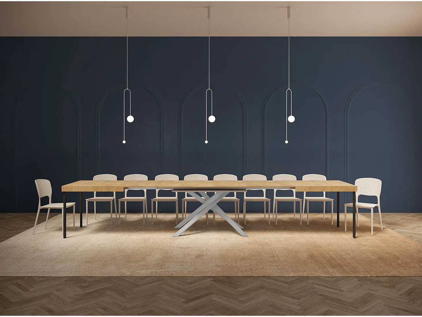 Mesa extensible 180/440x90 cm Karida roble natural patas blancas