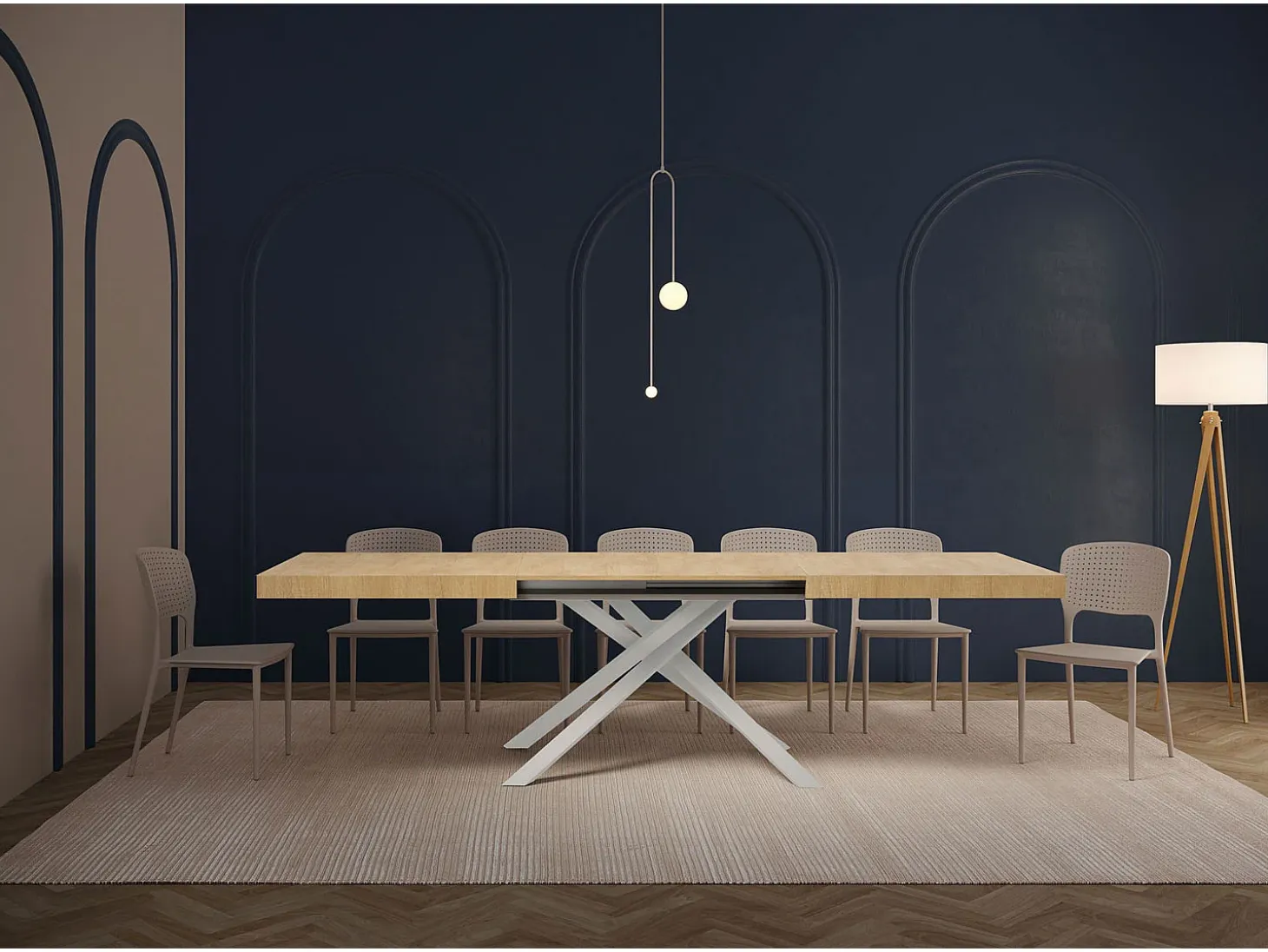 Mesa extensible 180/440x90 cm Karida roble natural patas blancas