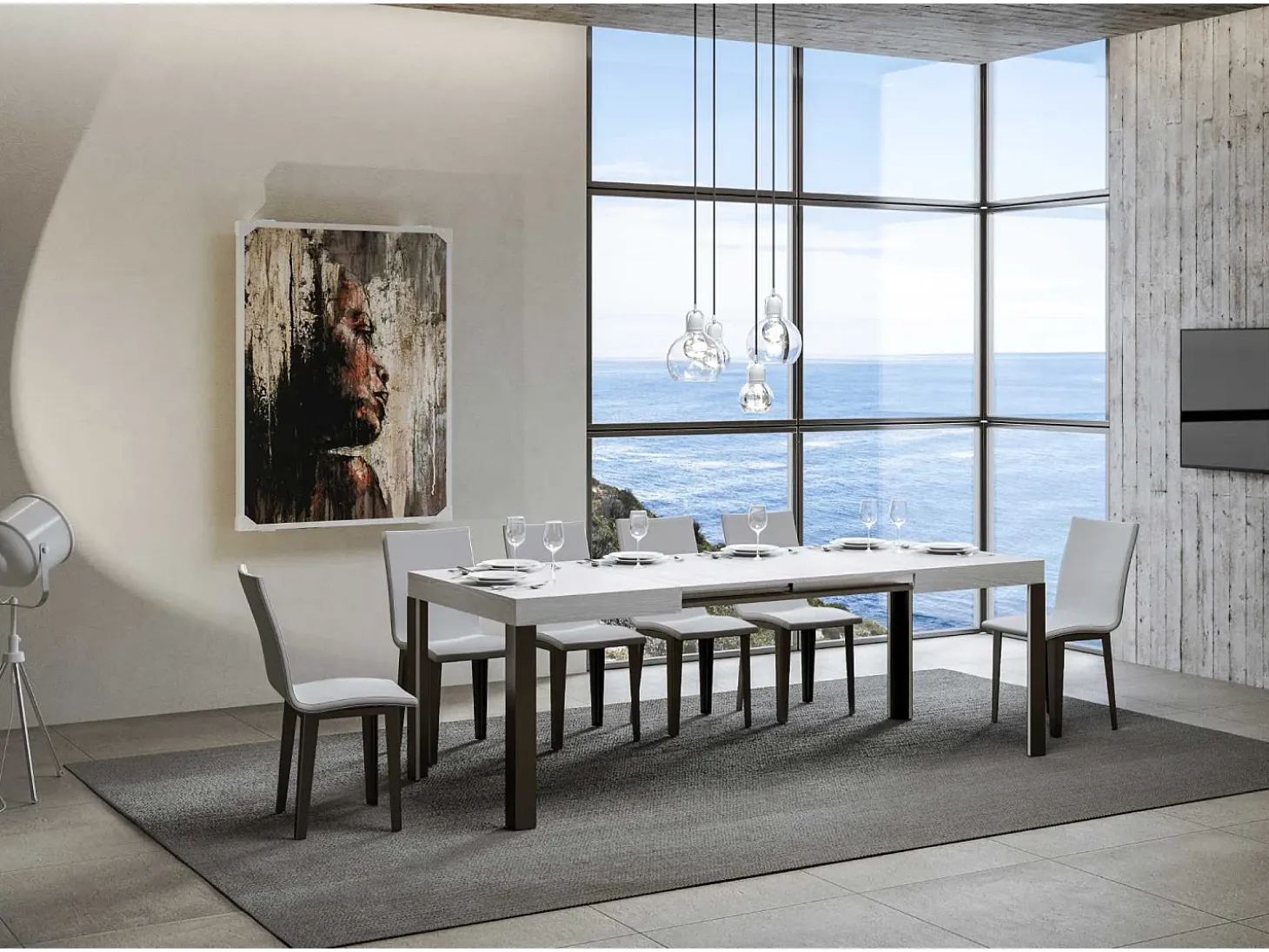 Mesa extensible 90x140/244 cm Linea Fresno Blanco estructura Antracita