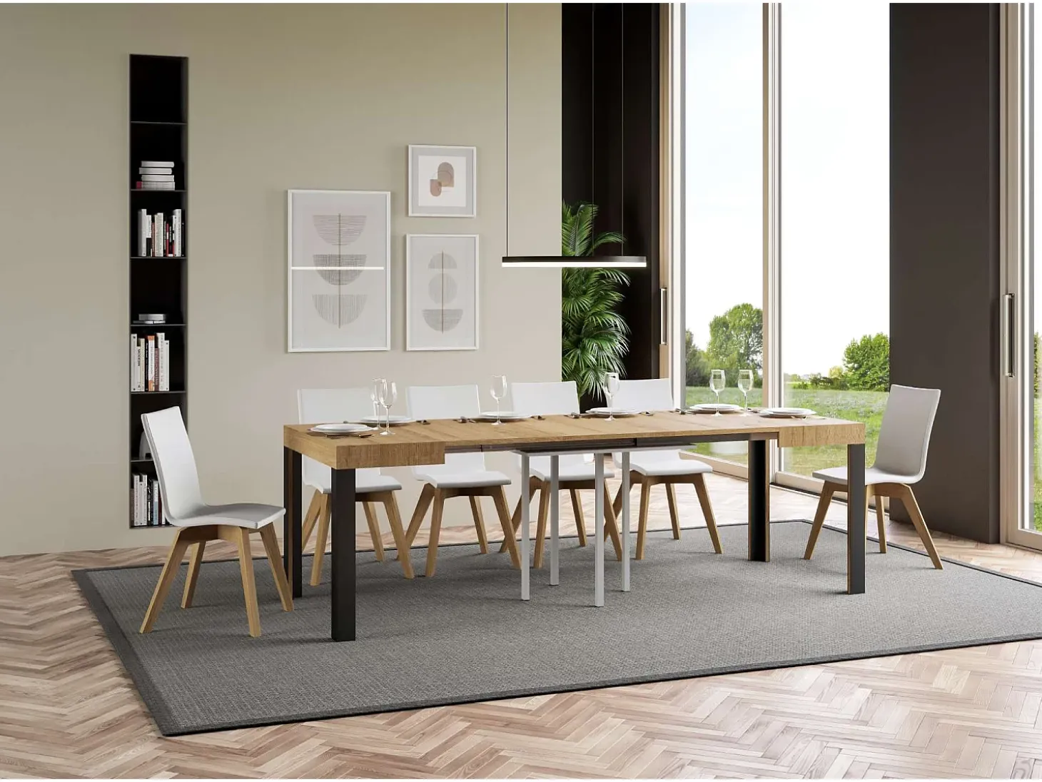 Mesa extensible 90x90/246 cm Linea Roble Natural estructura Antracita