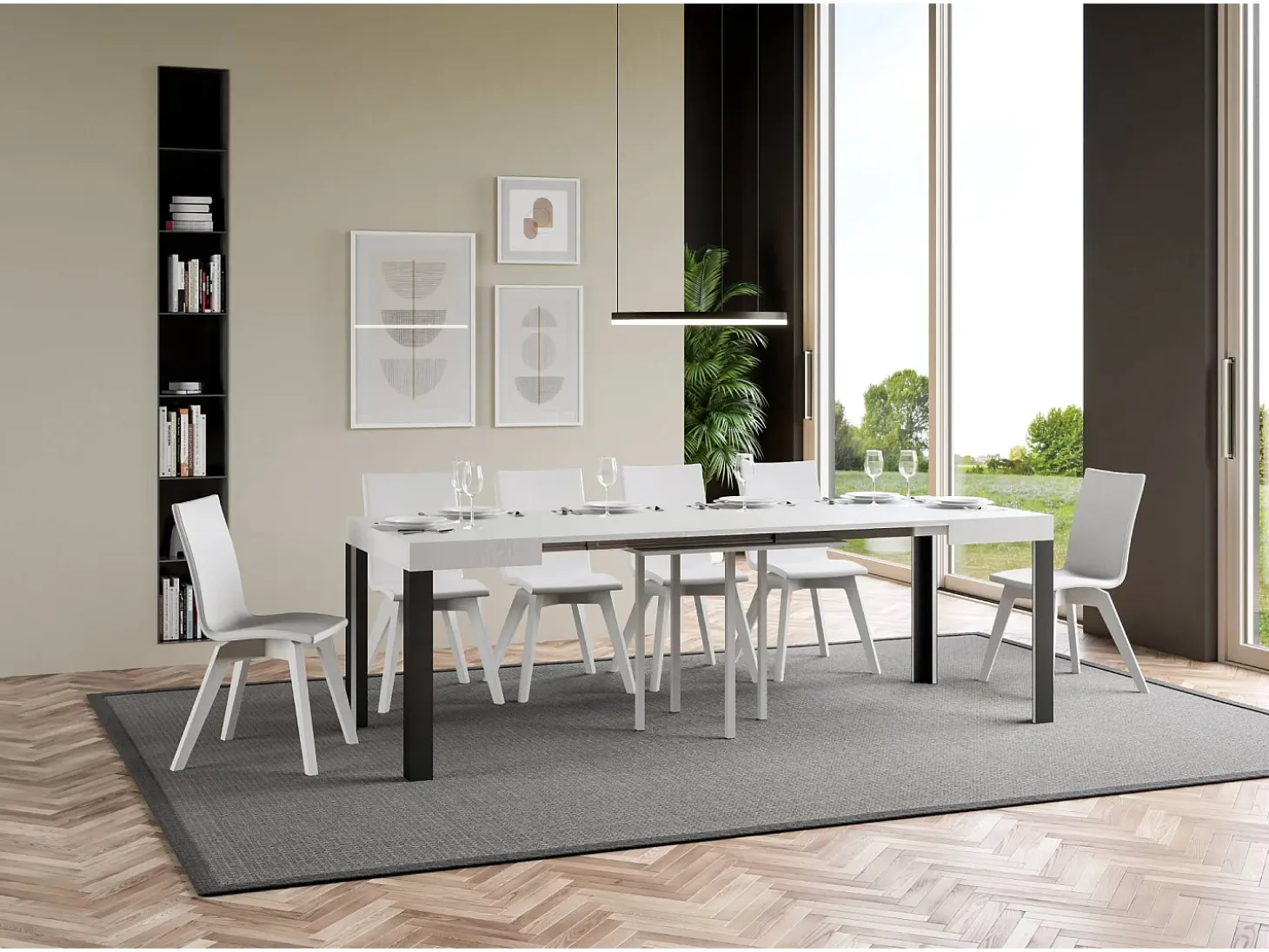 Mesa extensible 90x90/246 cm Linea Fresno Blanco estructura Antracita
