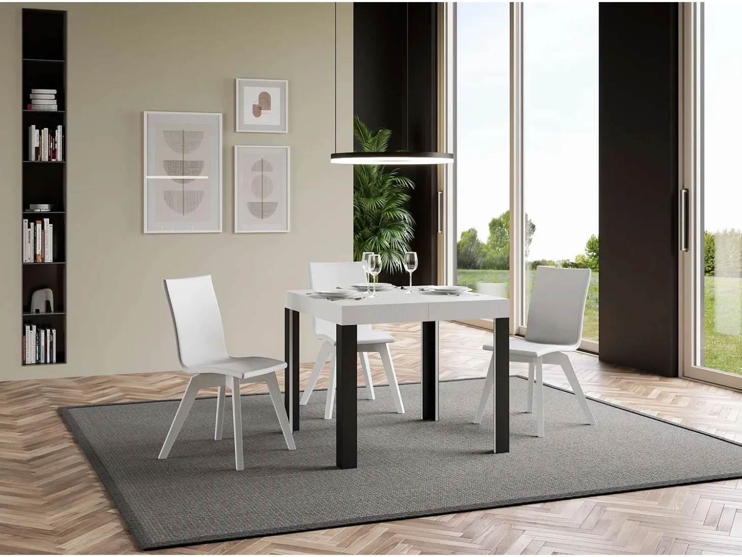 Mesa extensible 90x90/246 cm Linea Fresno Blanco estructura Antracita
