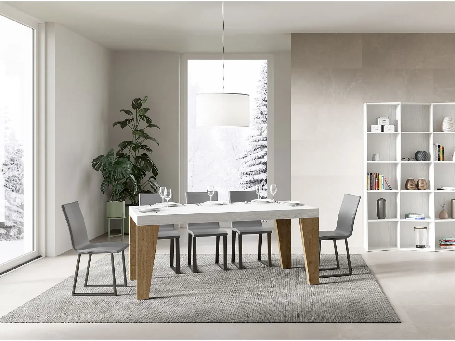 Mesa extensible 90x160/264 cm Naxy Mix Tapa Fresno Blanco - Patas Roble Nature