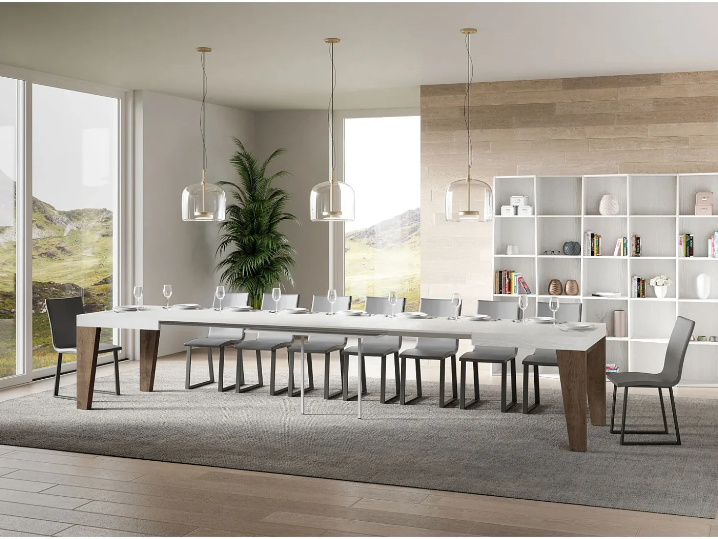 Mesa extensible 90x130/390 cm Naxy Mix Tapa fresno blanco - Patas nogal