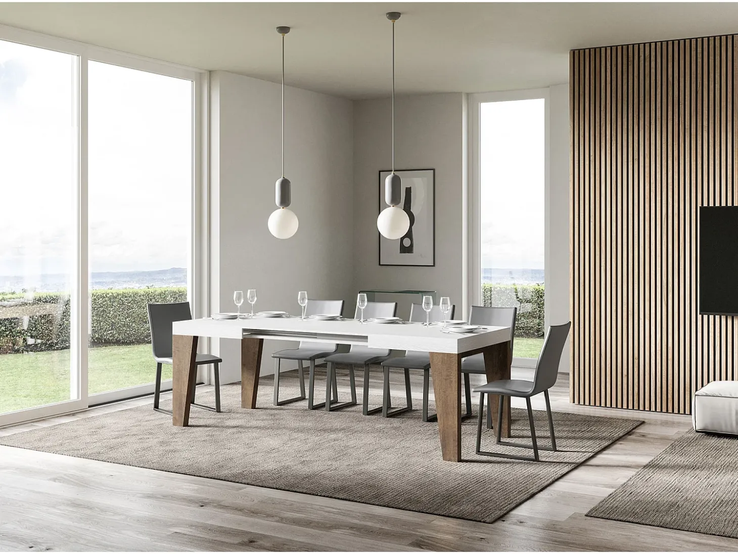 Mesa extensible 90x130/390 cm Naxy Mix Tapa fresno blanco - Patas nogal