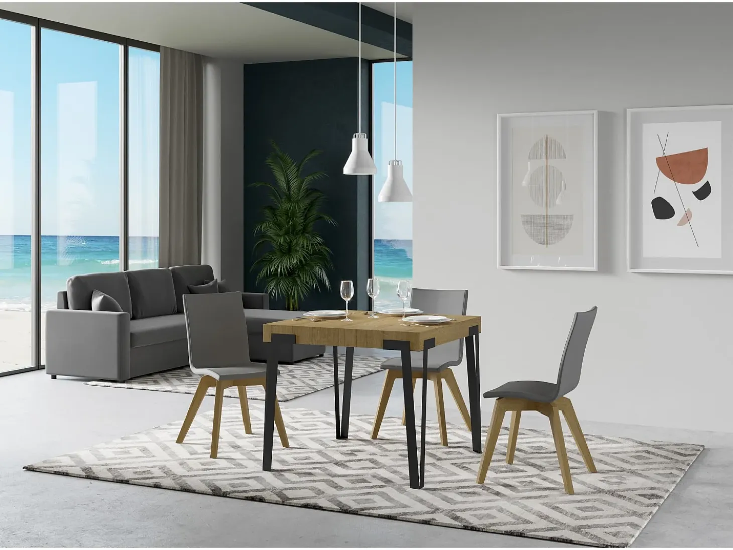Mesa extensible 90x90/246 cm Rio Roble Natural estructura Antracita